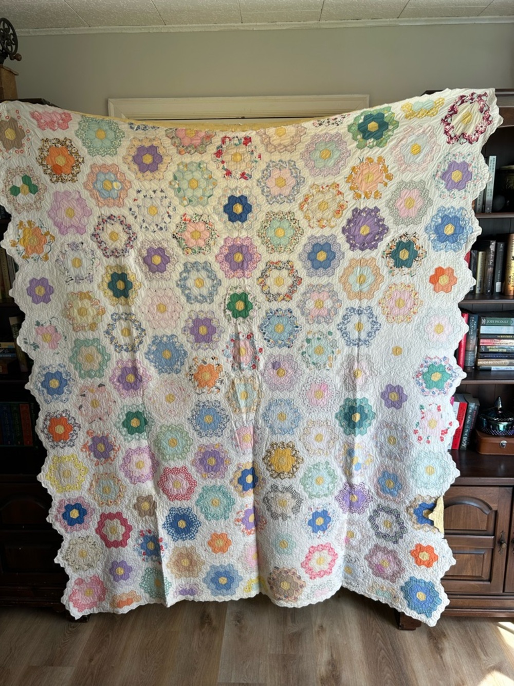 Vintage Handmade Grandmother’s Flower Garden Quilt